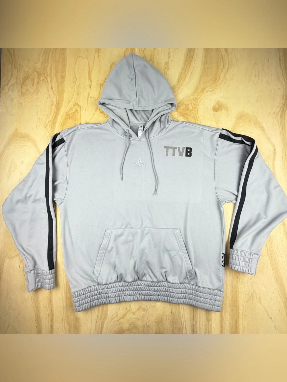 adidas Men's Light Gray Crewneck Hoodie with Black Sleeve Stripes